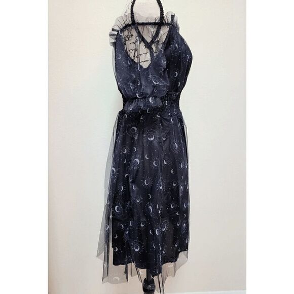 Off Shoulder Goth Witch Moon Print Contrast Mesh Flared Shirred Dress L NWT - Picture 8 of 16